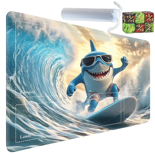 for MTG Card Playmat with Zones-Includes A Storage Bag and 6 Dice, 24 x 14 inches for TCG Playmat with Non-Slip Rubber, Game Mat, Surfing Shark - color: Yux-playmats-2-2A-274