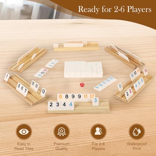 2-6 Players Rummy Game Gifts for Men Women Father Mother, Rummy Game W/ 6 Wooden Racks, 160 Melamine Tiles, Drawstring Bag, Portable Case, Family Board Games for Adults & Kids Age 8+