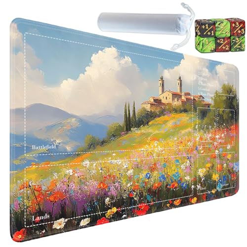 for MTG Card Playmat with Zones-Includes A Storage Bag and 6 Dice, 24 x 14 inches for TCG Playmat with Non-Slip Rubber, Game Mat, Hillside Village - color: Yux-playmats-2-2A-284