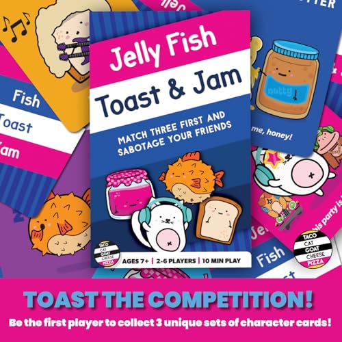 Jelly Fish Toast & Jam Card Game by Taco Cat Games, Ages 7+, 2-6 Players | Strategy card game, collection & sabotage mechanics, pun-filled cards, shifting objectives, compact for travel, quick rounds