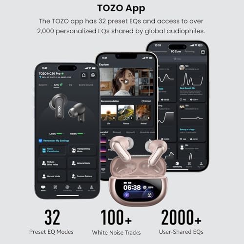TOZO NC20 Pro Active Noise Cancelling Wireless Earbuds, Smart LCD Screen | LDAC Hi-Res Audio, Stereo Bass, 6 Mics AI Call Ear Buds, 80H Playtime, IPX8 Waterproof, 32 EQ via App, Wireless Charging - color: Rose Gold