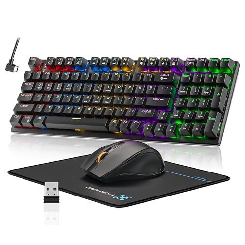 Wireless Mechanical Keyboard and Mouse Combo, 98-Key Gaming Keyboard with RGB Backlit, Tri-Mode BT5.0/2.4G/USB-C, 4000mAh Battery, 3200 DPI Gaming Mouse with Mouse Pad for PC, Laptop, Tablet - color: Black