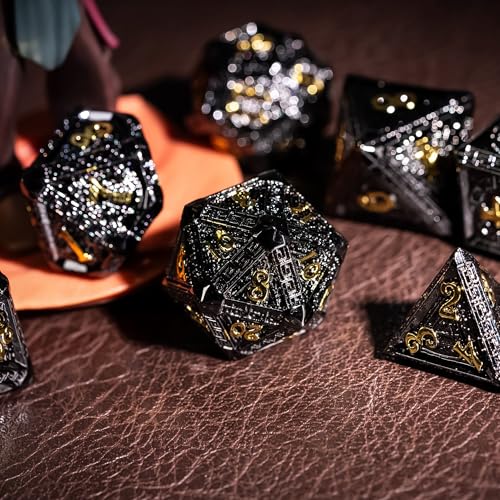 7-Piece Metal Dice Set Metallic Polyhedral DND Dice Set | Mayan-Themed Zinc Alloy Compatible with Dungeons and Dragons Tabletop Gaming, Gift, and Collecting - color: Mayan-themed-black Gold