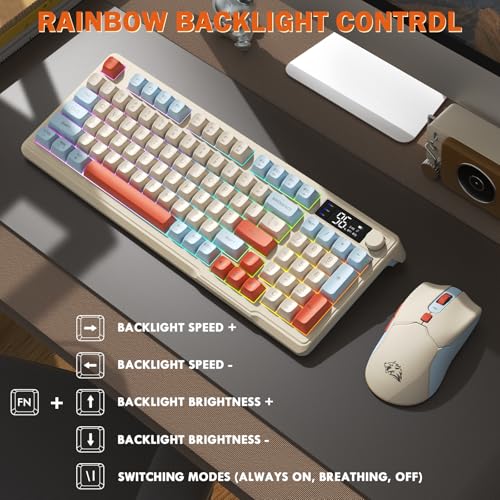 FREEWOLF T96 Smart Display Wireless Gaming Keyboard and Mouse Comb, 94Key LED Lighting Rechargeable Silent Membrane Keyboard with Knobs, 2000mAh Battery, 6-Button 4KDPI Mouse for Win/Mac(Blueberry) - color: Blueberry
