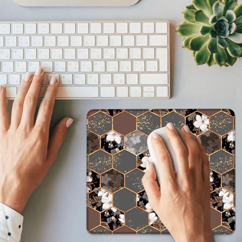 Hexagon Texture with White Flowers Mouse Pad Square Mouse Pads with Stitched Edge, Computer Mousepad with Non-Slip Rubber Base for Computer Laptop Office Desk Accessories 9.5x8 Inches - color: Hexagon Texture with White Flowers