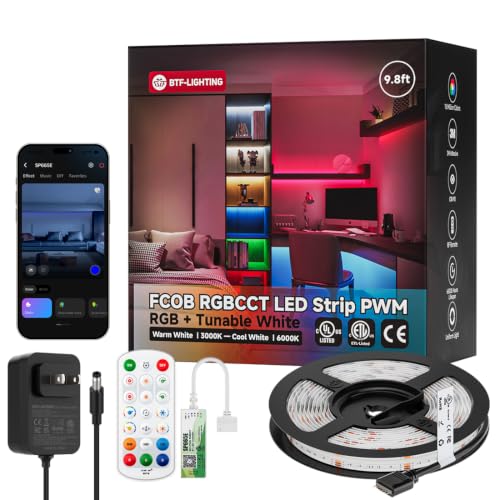 BTF-LIGHTING UL Listed RGBCCT COB LED Strip Light, DC24V 9.8FT RGB+Tunable White 3000K-6000K Color Changing LED Strip Light, with Remote/Bluetooth Music Controller for Home Party Indoor DIY Lighting - size: 9.8FT