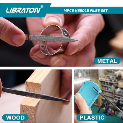 LIBRATON Needle File Set, Diamond Needle File Set, 14PCS Small File Set | 6 Diamond Files & 6 Carbon Steel Files with Wire Cutter, Steel Brush, Carry Bag, Jeweler File Tools for Soft Metal,Wood,Model - style: Needle File-14PCS