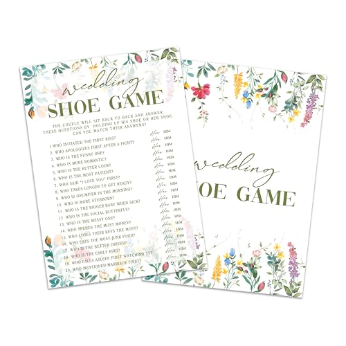 Wedding Shoe Game Cards, Wildflower Bridal Shower Games Card, Floral Wedding Shower Games Set, 25 Game Cards for Bridal Shower Wedding Bachelorette Engagement, 06 - style: Wedding Shoe Game