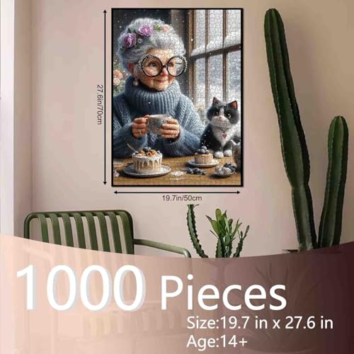 White Haired Old Woman and Cat Jigsaw Puzzle 1000 Piece for Adult Grandma Wearing a Sweater Snow Animal Dessert Challenging for Family or Friend Game 19.7 x 27.6 Inch - color: Old Woman-a22