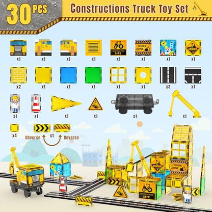 SKTMYY Magnetic Tiles for Kids, Construction Toys with Crane Road Truck Magnets Building Blocks Gifts for Kids Ages 3-5 4-8 Montessori Preschool Educational STEM Toy Gifts for 3+ Years Old Boys - style: Construction Magnetic Tiles
