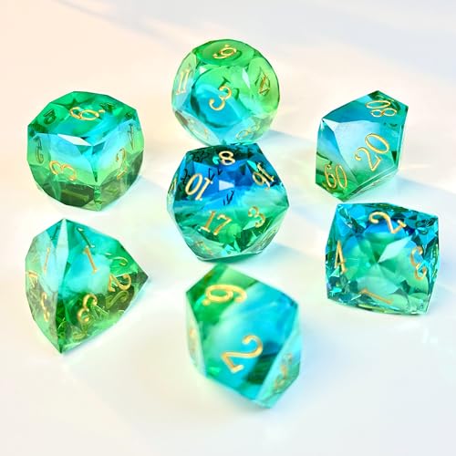 HAOMEJA Colorful Polyhedral Resin Dice Set, Hand-Cut Diamond Facet Optical Dice | Perfect for RPG, Tabletop & Board Games | Halloween, Christmas & Birthday Gift (Blue White Green) - color: 4 Blue White Green