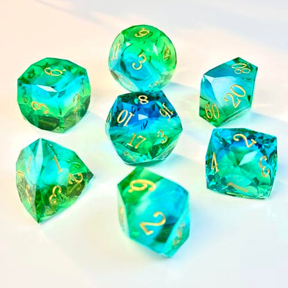 HAOMEJA Colorful Polyhedral Resin Dice Set, Hand-Cut Diamond Facet Optical Dice | Perfect for RPG, Tabletop & Board Games | Halloween, Christmas & Birthday Gift (Blue White Green) - color: 4 Blue White Green
