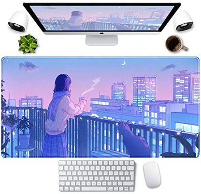 Purple Anime Kawaii Desk Mat Mousepad Cute Cat XXL Large Gaming Japanese Girly Aesthetic Mouse Pad Tokyo Street Desk Mat 31.5x15.75 in, Girl Gamer Desktop Mat Computer Laptop Keyboard Mouse Mat - color: Purple Pink Anime Girly
