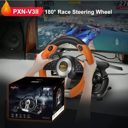 PXN V3 PRO Racing Wheel with Pedals for PC, Xbox, PS4, Switch | 11-Inch Wheel, Vibration Feedback, Paddle & Sequential Shifting, 180° Steering, 2-Pedal, Plug & Play Setup for Easy Gaming - color: Orange