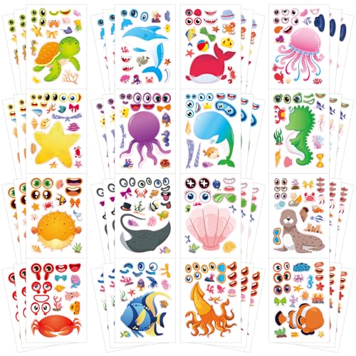 48 Sheets Create Funny Ocean Animals Stickers, Make a Face Stickers for Boys and Girls, Travel Sticker Books, Party Favors, Birthday, Home, School and Activities Gifts for Kids Ages 3+ - style: Underwater Animal