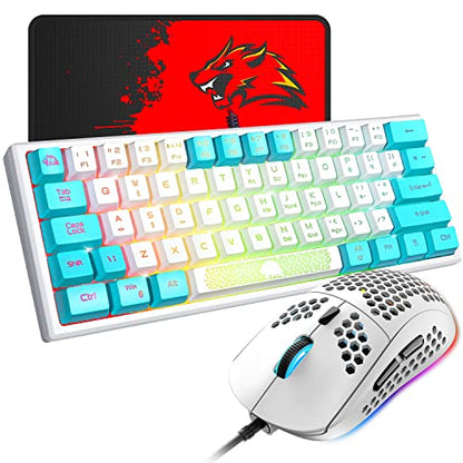 60% Gaming Keyboard and Mouse Combo Samll Mini RGB Backlight Mechanical Feeling and Mechanical RGB 6400 DPI Honeycomb Optical Mouse,Gaming Mouse pad for Gamers and Typists (White & Blue) - color: White & Blue