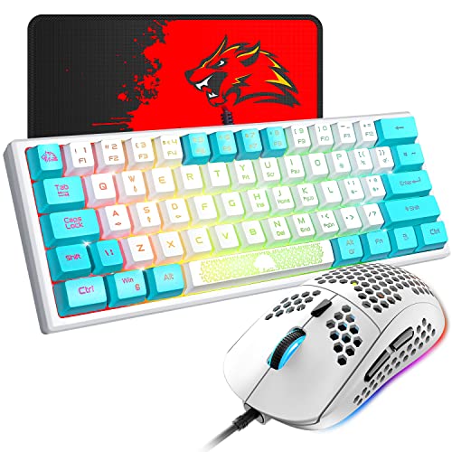 60% Gaming Keyboard and Mouse Combo Samll Mini RGB Backlight Mechanical Feeling and Mechanical RGB 6400 DPI Honeycomb Optical Mouse,Gaming Mouse pad for Gamers and Typists (White & Blue) - color: White & Blue