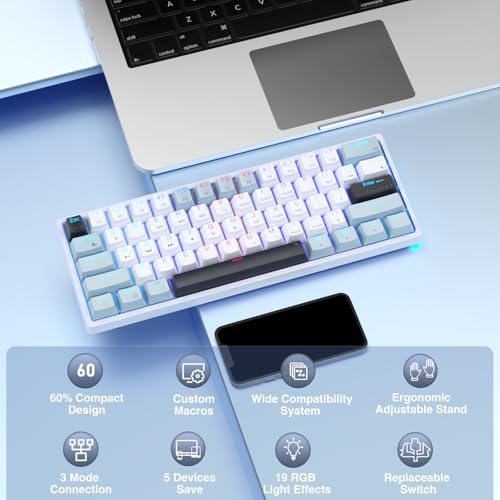 SOLAKAKA SK961 Wireless Mechanical Keyboard with RGB Backlight,Tri-Mode BT5.0/Wired/2.4GHz 60 Percent Wireless Gaming Keyboard,Red Switch - color: SK961-whiteblue-redswitch