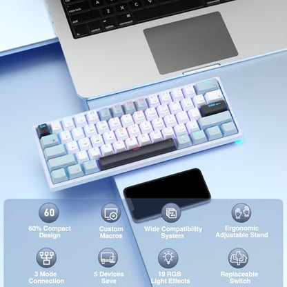 SOLAKAKA SK961 Wireless Mechanical Keyboard with RGB Backlight,Tri-Mode BT5.0/Wired/2.4GHz 60 Percent Wireless Gaming Keyboard,Red Switch - color: SK961-whiteblue-redswitch