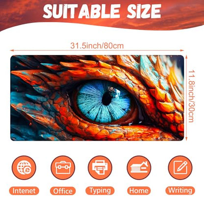 Large Gaming Mouse Pad for Desk, Dragon Blue Eyes Desk Mat, Dragon Eyes Desk Pad, 31.5"x15.7" Extended Big Computer Keyboard Mouse Pad with Non-Slip Base and Stitched Edge - color: Dragon Blue Eyes