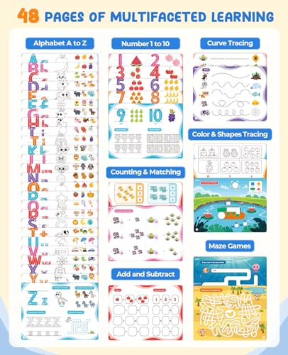 JoyCat Preschool Learning Activities 48 Reusable Pages for 3-8 | Handwriting Practice for Kids Toddlers, Tracing Letter Number Workbooks, Educational Autism Busy Book, Learning Gift Toys - style: 1. Trace & Write
