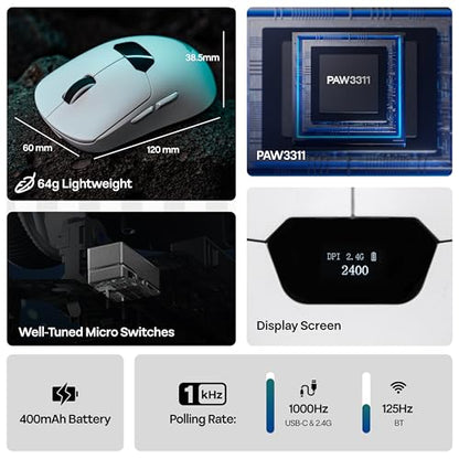MechLands Aula SC390 Lightweight Gaming Mouse with Display Screen | 2.4G/USB-C/BT Wireless Mouse w/ 400mAh Battery, Adjustable 20,000 DPI, 1000 Polling Rate, PAW3311 Sensor, for Win/Mac (White) - color: White