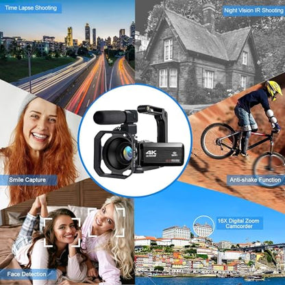 Acuvar 4K Video Camera Camcorder with 48MP – Vlogging Camera for YouTube, 60FPS, 18X Zoom, WiFi, Night Vision, Mic, Stabilizer, Tripod, 64GB Storage Kit - style: Premium Kit