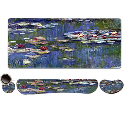 ToLuLu Extended Gaming Mouse Pad, Ergonomic Keyboard Mouse Wrist Rest Set | Large Desk Mat with Stitched Edges, Non-Slip Base Memory Foam Support Mousepad for Home Office Game, Monet Water Lilies - color: Monet Water Lilies