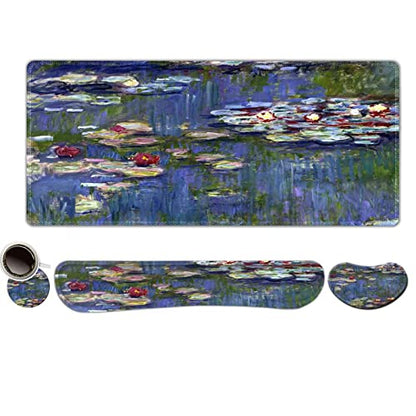 ToLuLu Extended Gaming Mouse Pad, Ergonomic Keyboard Mouse Wrist Rest Set | Large Desk Mat with Stitched Edges, Non-Slip Base Memory Foam Support Mousepad for Home Office Game, Monet Water Lilies - color: Monet Water Lilies