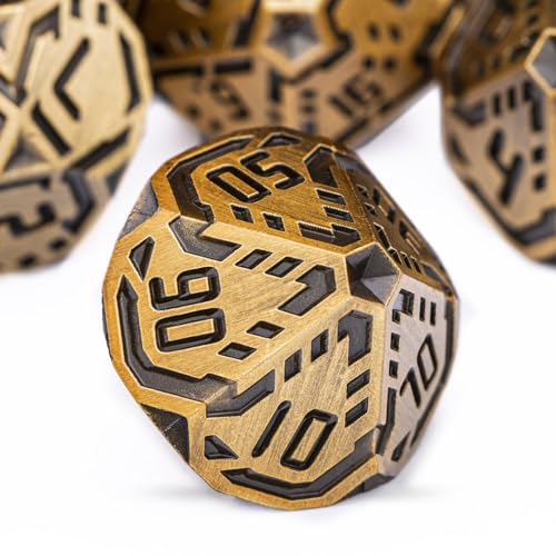 Metal DND Sci-fi Dice Set 7PCS Stripe Polyhedral Dice for Dungeons Dragons RPG Role Playing Game, Glitter D and D Dice with Gift Box D6 D8 D10 D12 D20 (Antique Gold) - color: Antique Gold