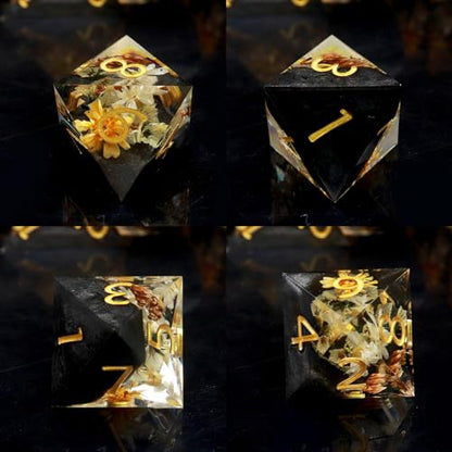 Haxtec Flower DND Dice Set Sharp Edge Resin Polyhedral Dice, Floral D&D Dice with Metal Case, Handmade Flower Inside Dice Set for Dungeons and Dragons TTRPG, Winter Black DND Gift - color: Black
