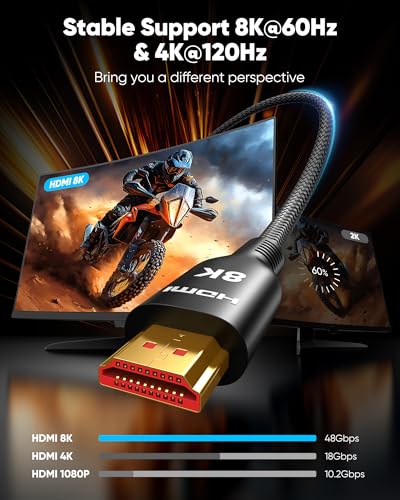 Highwings Ultra High Speed 8K HDMI Cable 3.3FT, 2.1 48Gbps Flexible HDMI | Braided Cord-8K@60Hz 4K@120Hz DTS:X,HDCP 2.2 & 2.3, HDR 10,eARC,Compatible for Stream Media, HDTV, Ethernet, SoundBar - size: 3.3 feet