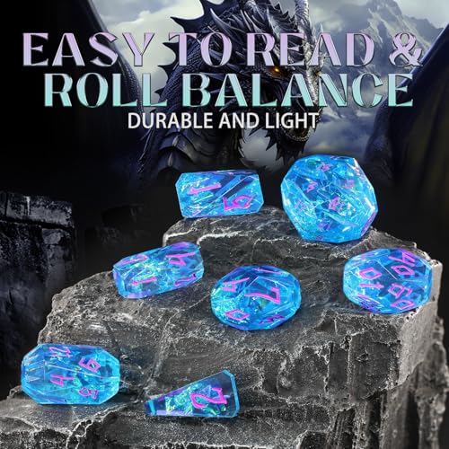 FONVGOGO Polyhedral Dice Set, DND Dice Set Resin Dungeons and Dragons Gifts Ideas Role Playing RPG Dice Cool Dice 7 Piece D20 D12 D10 D8 D6 D4（Blue and Purple） - color: S Blue and Purple