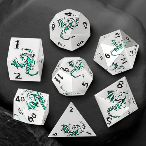 Metal Dice Set, Flat Face White Green Dragon Pattern, 7pcs Polyhedral Metal DND Dice Set, DND Starter Set, D&D Gifts with Gift Box, Role Playing Board Games Accessories, White - color: White+green