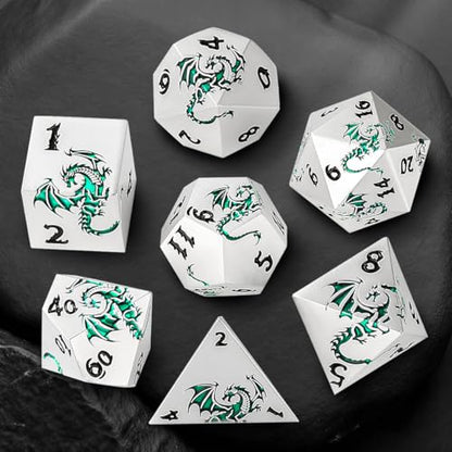 Metal Dice Set, Flat Face White Green Dragon Pattern, 7pcs Polyhedral Metal DND Dice Set, DND Starter Set, D&D Gifts with Gift Box, Role Playing Board Games Accessories, White - color: White+green