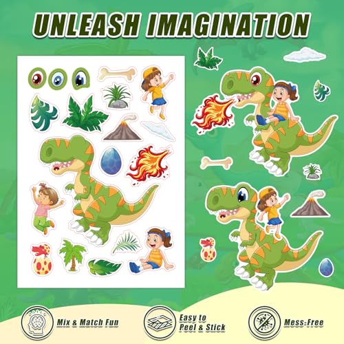 42 Sheets Create Funny Dinosaur Stickers, Make a Face Stickers for Boys and Girls, Travel Sticker Books, Party Favors, Birthday, Home, School and Activities Gifts for Kids Ages 3+ - style: Dinosaur