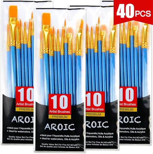 Acrylic Paint Brush Set, 4 Packs / 40 pcs Nylon Hair Brushes for All Purpose Oil Watercolor Painting Artist Professional Kits - size: 40pcs