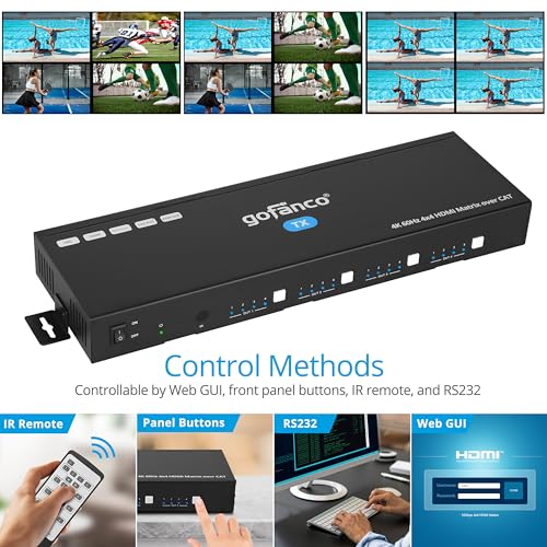 gofanco 4K60Hz 4x4 HDMI Matrix Extender Splitter (Matrix44HD2CAT) | 230ft Cat6/7 Extension, 4K60Hz 4:4:4, HDR, HDCP 2.2/1.4, IR, PoC, EDID, Auto Downscale, 8 Video outputs 4 HDMI+4 RX, Web GUI - size: 4K60Hz 4x4 Cat