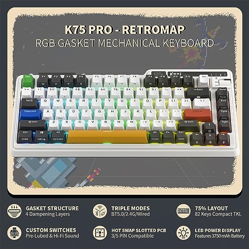 KZZI K75 PRO RGB 75% Wireless Gasket Mechanical Keyboard, Triple Mode BT 5.0/2.4G/USB-C 82 Keys Hot Swappable Gaming Keyboard w/Knob & Power Display, Custom Linear Switches, Black White - color: Arcade Games, size: Moment Linear Switch
