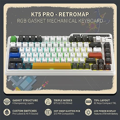 KZZI K75 PRO RGB 75% Wireless Gasket Mechanical Keyboard, Triple Mode BT 5.0/2.4G/USB-C 82 Keys Hot Swappable Gaming Keyboard w/Knob & Power Display, Custom Linear Switches, Black White - color: Arcade Games, size: Moment Linear Switch