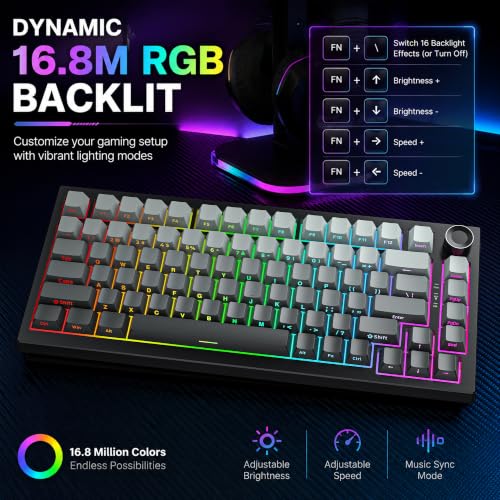 RASSE Mechanical Keyboard, Tri-Mode RGB Gaming Keyboard with Knob, Hot-Swappable Compact 75% Layout, Side-Printed PBT Keycaps, Bluetooth/2.4G/USB-C for PC Mac Laptop