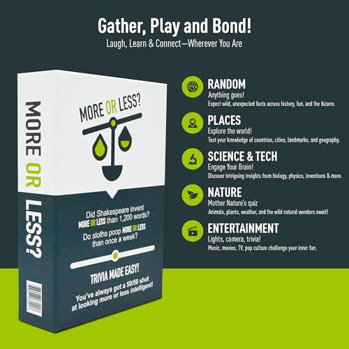 More Or Less? Trivia Card Game - Compact & Fun - Ideal for Travel, Families, Game Nights 5 Trivia Categories: Random, Places, Science & Tech, Nature and Entertainment