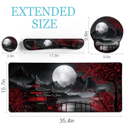 LIMKRIAN Japanese Ergonomic Mouse Pad with Wrist Rest, Large Desk Mat Set | Gaming Computer Mat, Keyboard Wrist Support, Coaster, Desk Matt for Desktop, Japanese Anime Office Supplies Desk Accessories - color: XXL-Full Moon