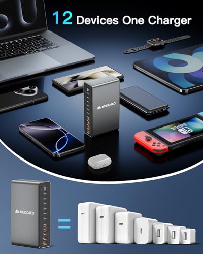 12 Ports Aluminum Alloy 380W Charging Station Fast USB C Charger Block | 65W Laptop GaN Charger for MacBook Pro/Air/iPad Pro/iPhone - color: Gray