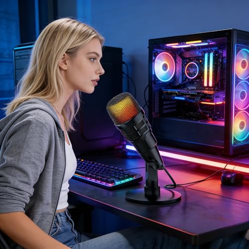 USB Condenser Microphone for Podcasting & Streaming, RGB PC Mic w/Mute, Gain, Shock Mount,Compatible with PS4/5 PC Compatible