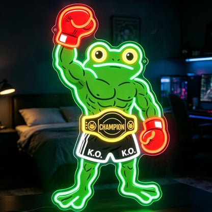 HAJAE Frog Neon Sign, Dimmable Boxing Frog Champion LED Light Wall Decor - Funny Muscular Frog Gifts for Men Boys Kids, Wrestling Birthday Party Decorations, Gym Man Cave Room Neon Light - style: Boxing Frog