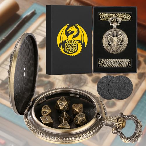 Mini DND Dice Set Steampunk Hollow Paladin Knight Warrior Pocket Watch Shell Case, 7pcs Polyhedral Metal D&D Dice Set with Gift Box, Role Playing Board Games Accessories - color: Paladin