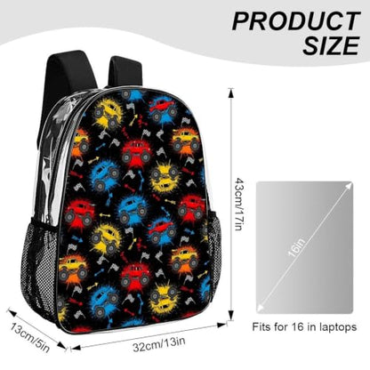 Clear Transparent Beach Backpack Waterproof Sand Water Resistant | Heavy Duty, Blue Orange Monster Trucks, See Through Daypack - color: Pattern (324)