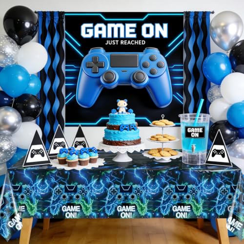 4 Pcs Video Game Tablecloths, Green and Blue Game Birthday Party Decorations Table Cloth for Kids Gaming Night Birthday Party Supplies, 51 x 86 in