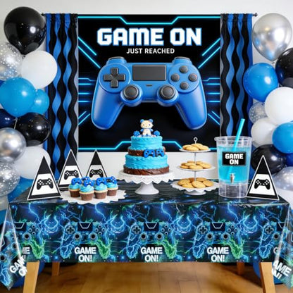 4 Pcs Video Game Tablecloths, Green and Blue Game Birthday Party Decorations Table Cloth for Kids Gaming Night Birthday Party Supplies, 51 x 86 in